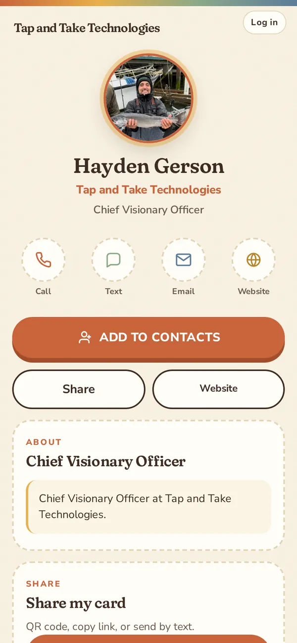 Phone screenshot of Hayden Gerson's live HelloTap card at hellotap.app/c/hayden-tapandtake