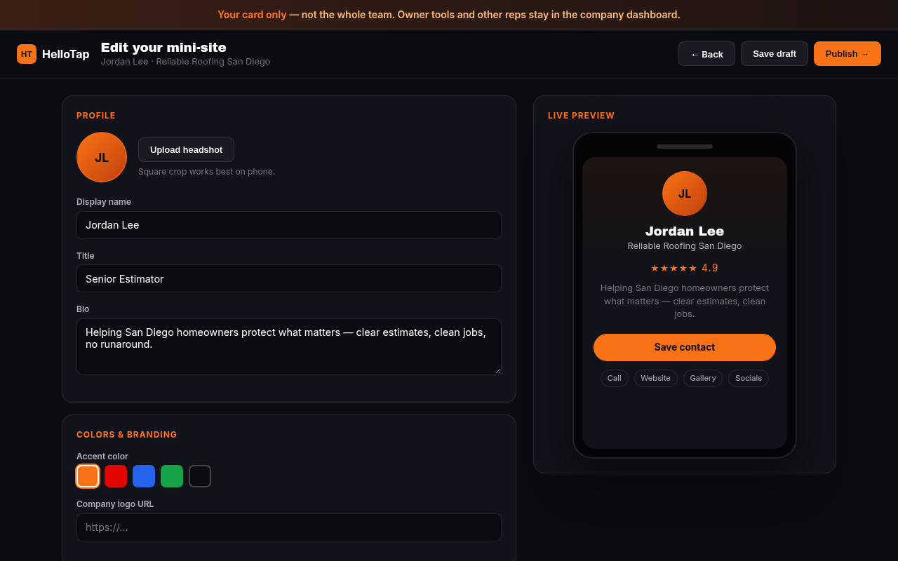 HelloTap sales rep card editor for galleries, reviews, and branding